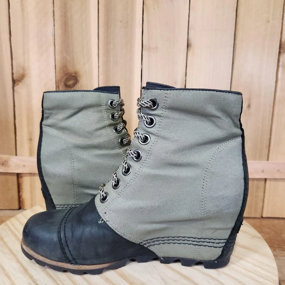 Sorel PDX Wedge Boots Womens 9 Green Canvas Lace Up Booties Winter Waterproof